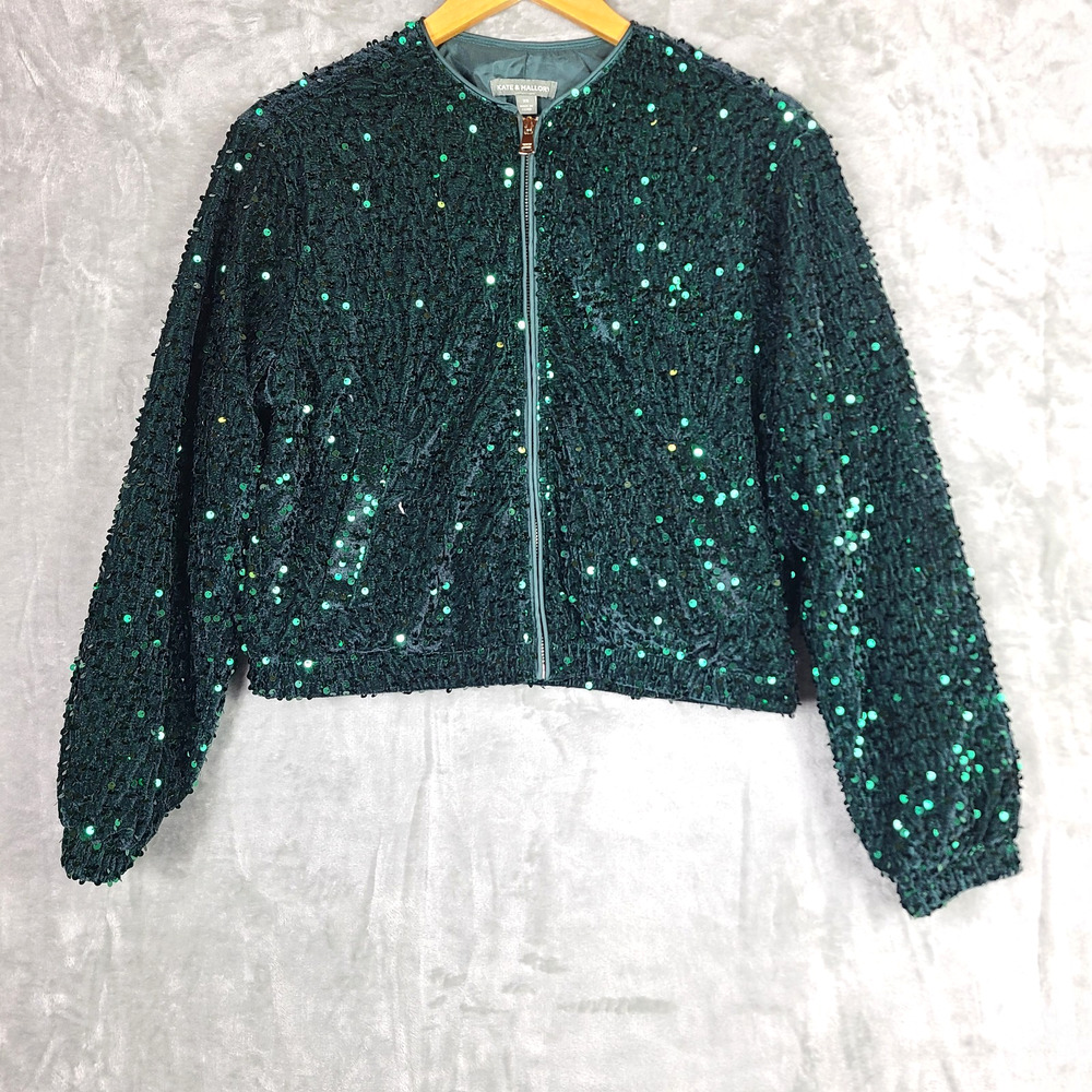 Kate & Mallory Green Sequin Bomber Jacket Sparkle Retro Glam Size XSf